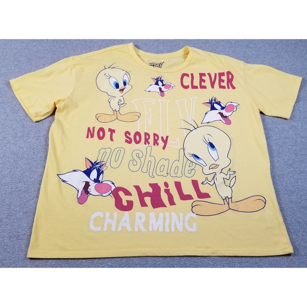 Looney Tunes T-Shirt Women Juniors XXL 19 Yellow Tweety Sylvester See Through
